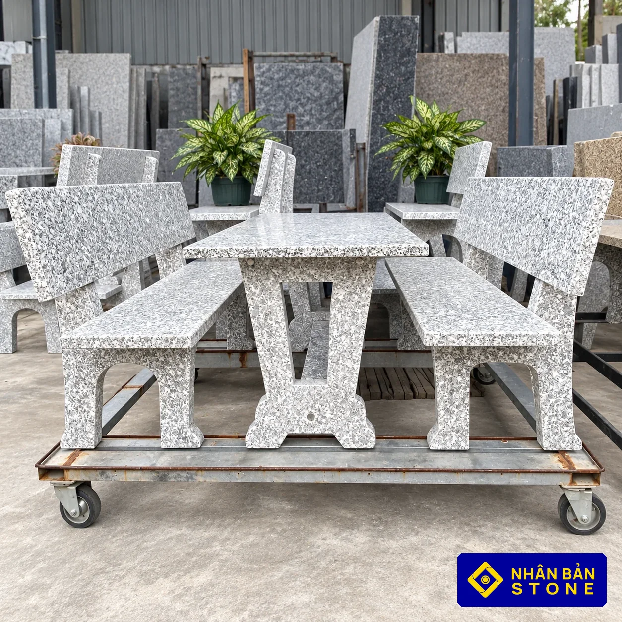 Xưởng Sản Xuất Bàn Ghế Đá Hoa Cương Tại TPHCM – Gia Công Theo Mẫu 5 Bộ bàn ghế đá hoa cương Trắng Suối Lau tự nhiên bền bỉ – NHÂN BẢN STONE
