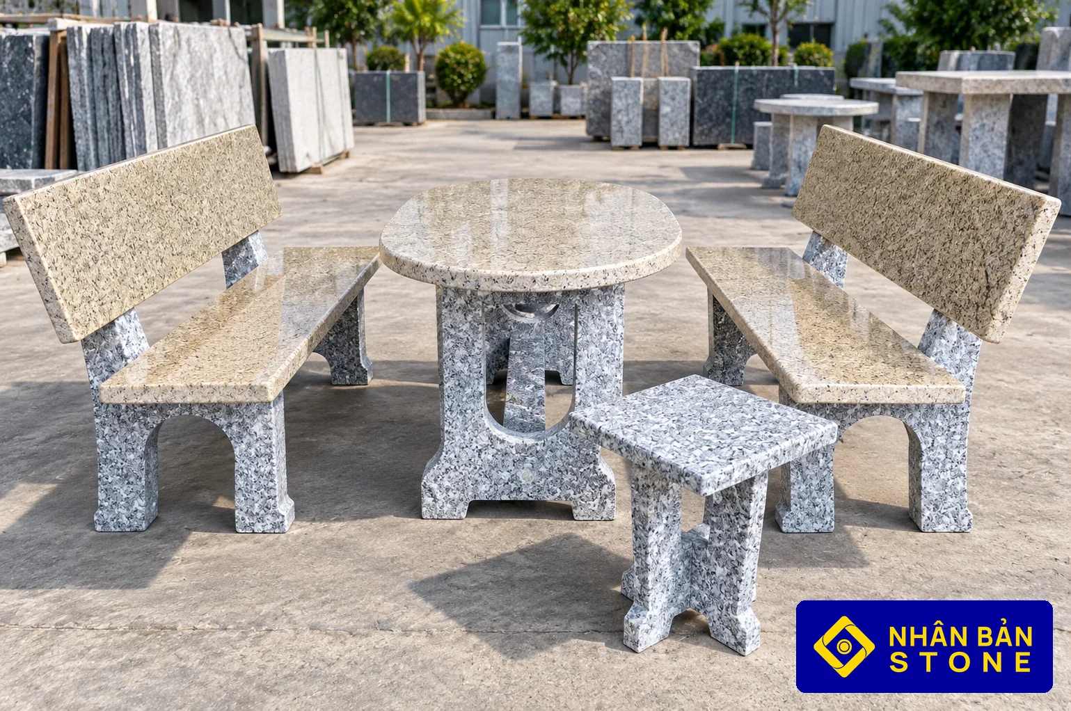 Xưởng Sản Xuất Bàn Ghế Đá Hoa Cương Tại TPHCM – Gia Công Theo Mẫu 1 Ảnh thực tế: Kho xưởng sản xuất bàn ghế đá hoa cương tự nhiên các mẫu được ưa chuộng tại NHÂN BẢN STONE, TPHCM