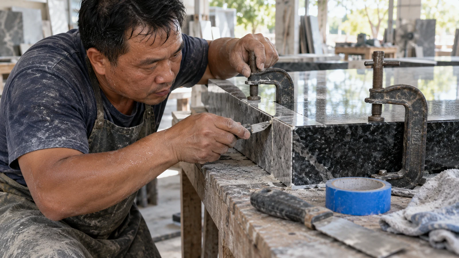 Ảnh minh hoạ: Kỹ thuật ghép mòi 45 độ giấu mạch keo & bo cạnh đá tinh xảo – NHÂN BẢN STONE