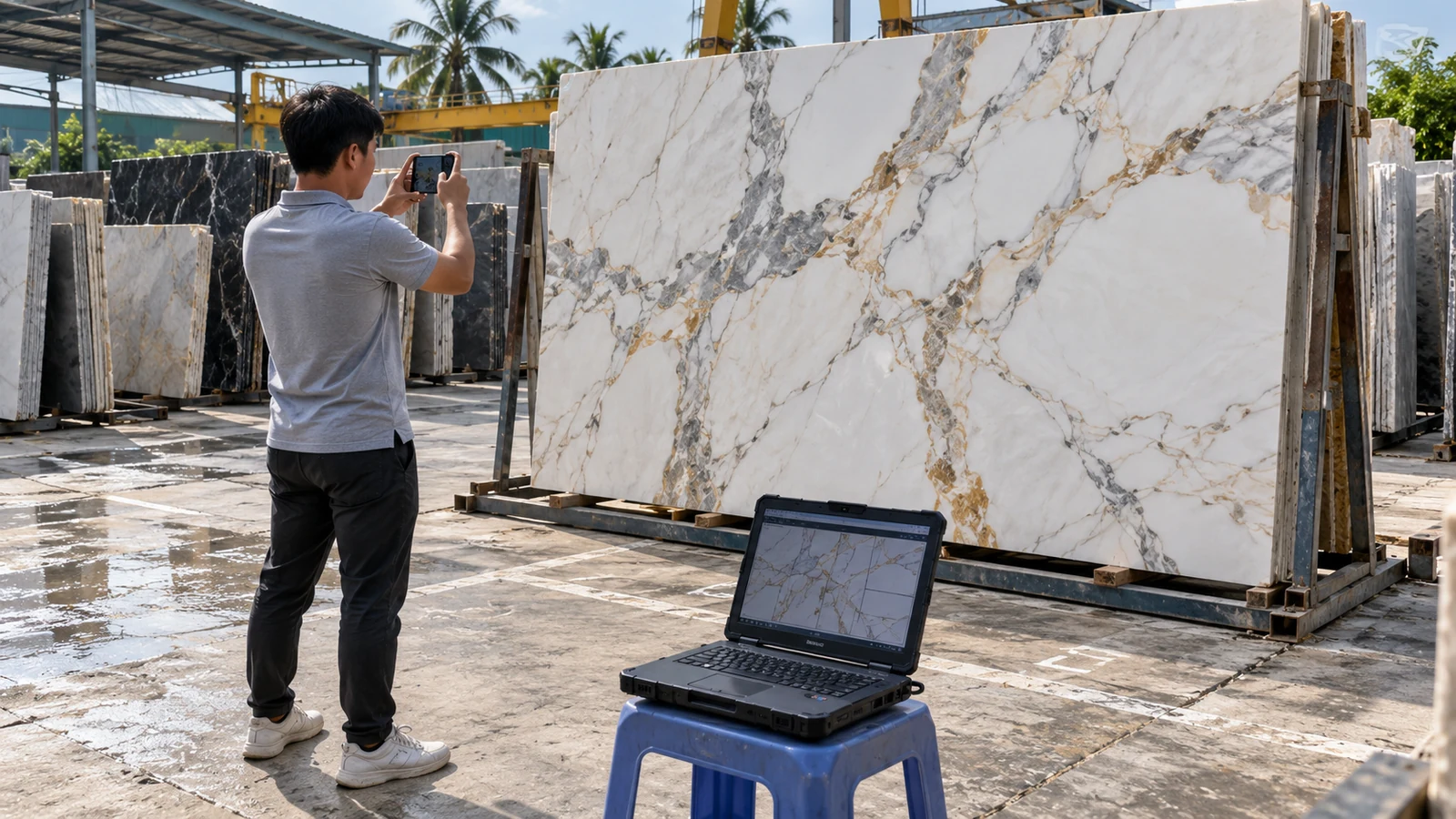 Ảnh minh hoạ: Chụp ảnh slab thực tế & lập sơ đồ ghép vân (Vein-Matching & Bookmatched) trước khi bấm máy – NHÂN BẢN STONE