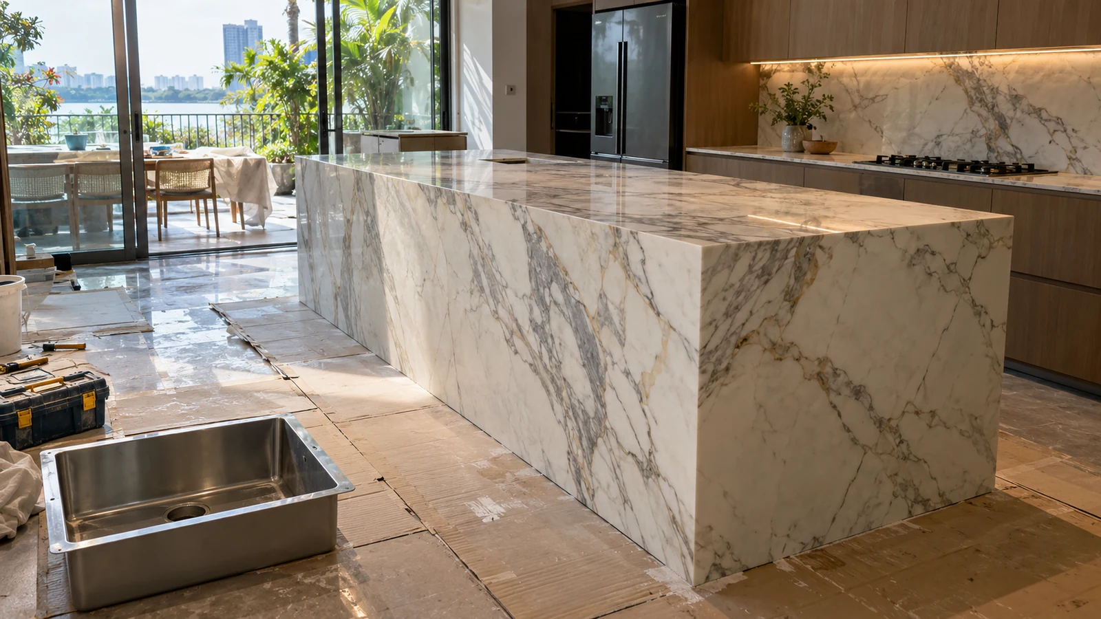 Ảnh minh hoạ: Gia công mặt đá bếp & Đảo bếp thác nước (Waterfall Island) – NHÂN BẢN STONE