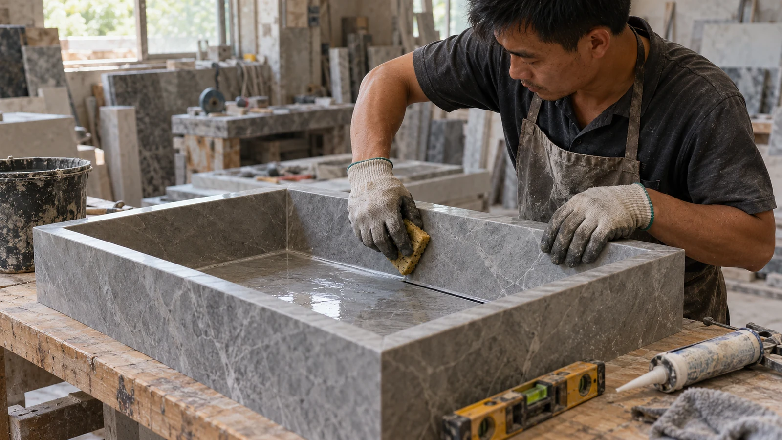 Ảnh minh hoạ: Khoét chậu đá âm bàn & Chế tác lavabo liền khối (Zero-edge Sink) – NHÂN BẢN STONE