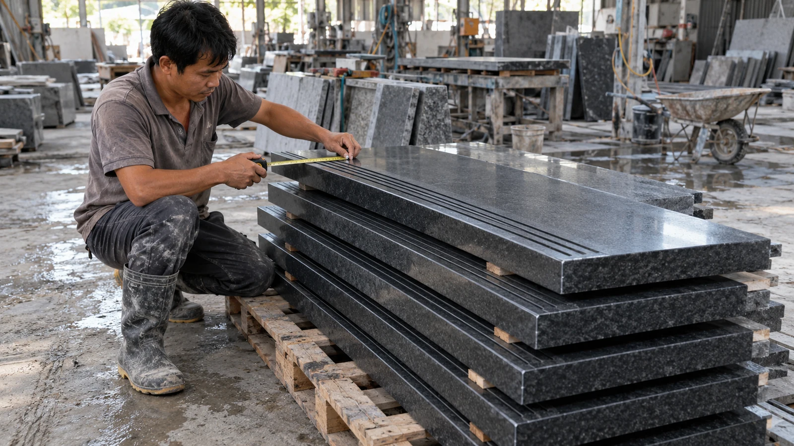 Ảnh minh hoạ: Cắt đá theo quy cách cho cầu thang, bậc tam cấp & Len chân tường – NHÂN BẢN STONE