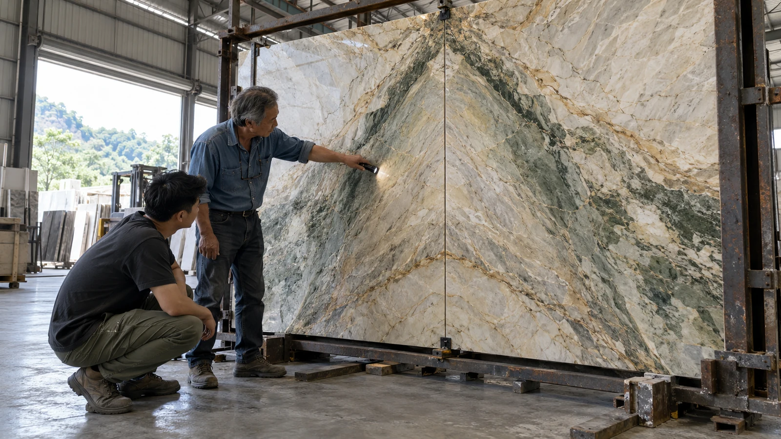 Ảnh minh hoạ: Gia công tranh đá đối vân (Bookmatched) và vách tivi thông tầng – NHÂN BẢN STONE