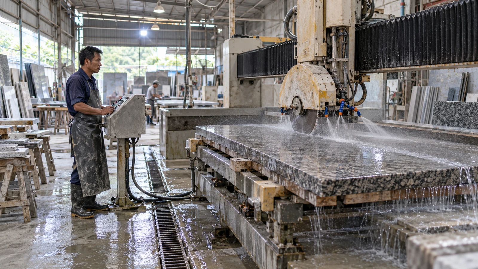 Ảnh minh hoạ: Thợ vận hành máy cắt đá CNC tại xưởng gia công NHÂN BẢN STONE, TPHCM