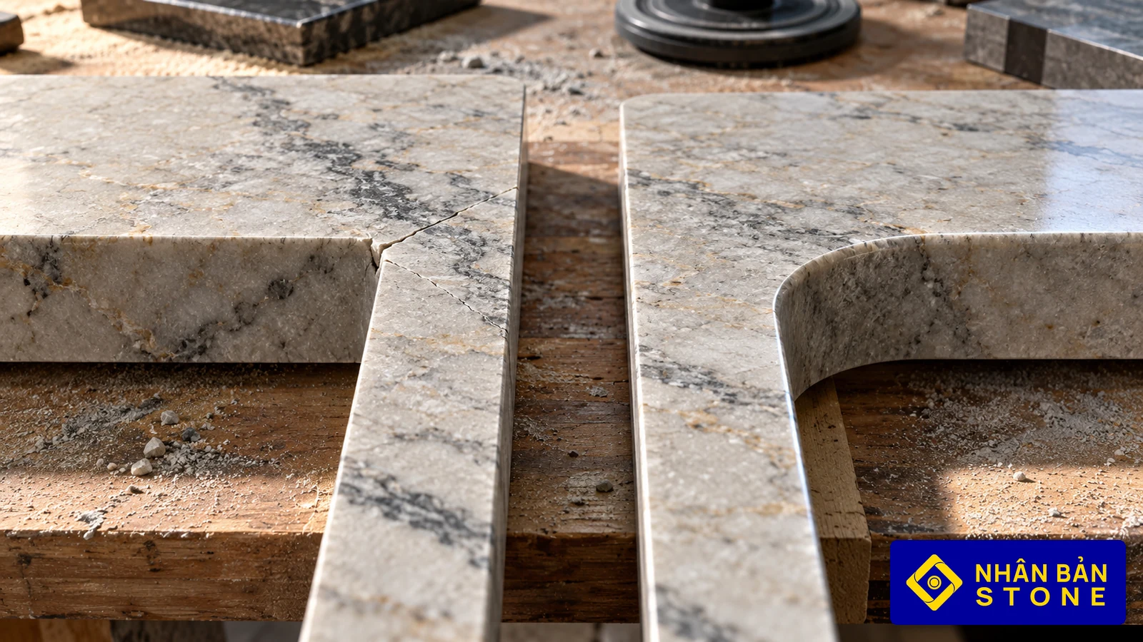 Illustrative image: Comparison of sharp square cutout with hairline crack versus smooth CNC radiused corner on kitchen stone – NHAN BAN STONE