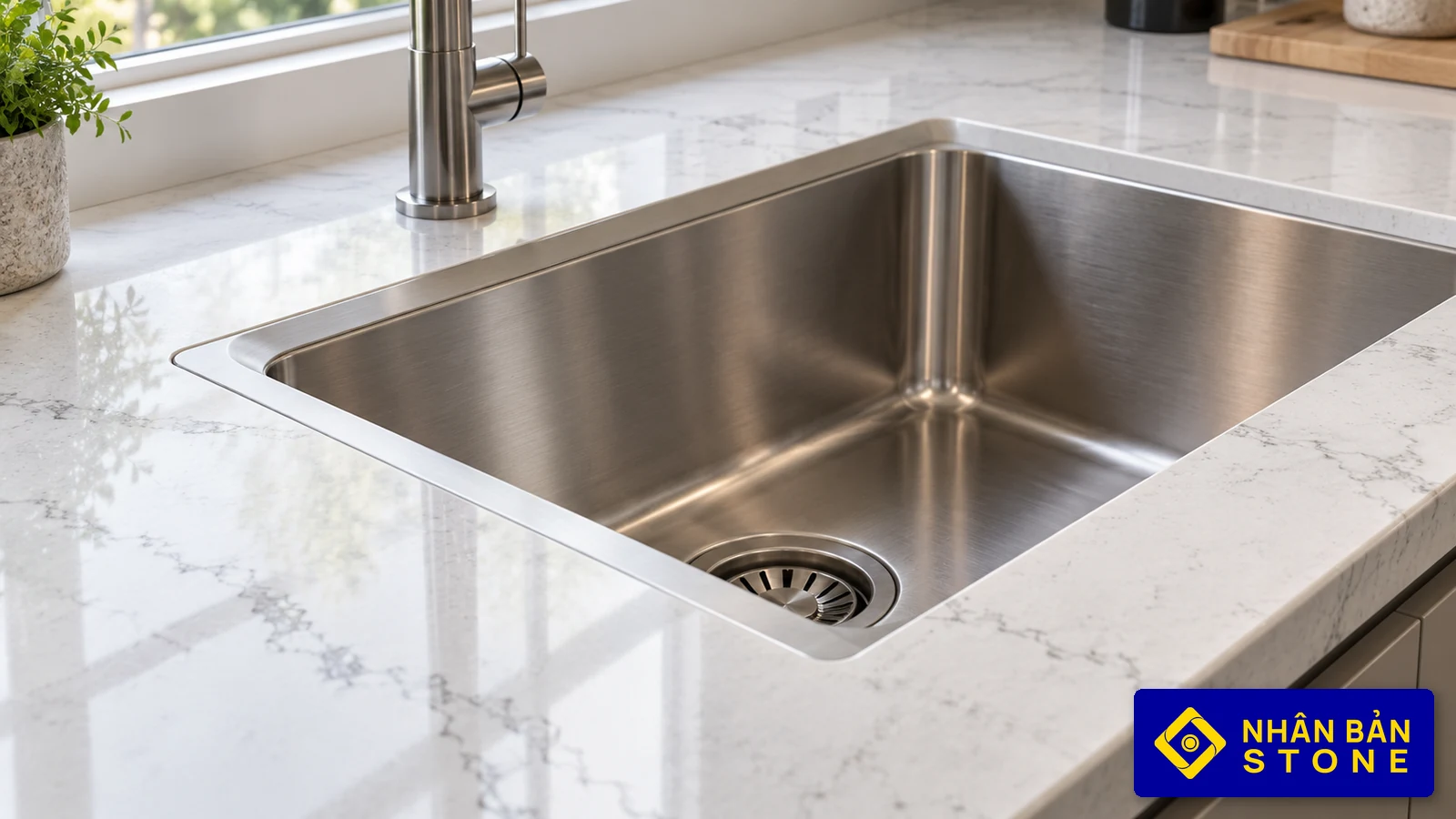 Illustrative image: Flush-mounted stainless steel sink in polished white engineered quartz kitchen countertop – NHAN BAN STONE