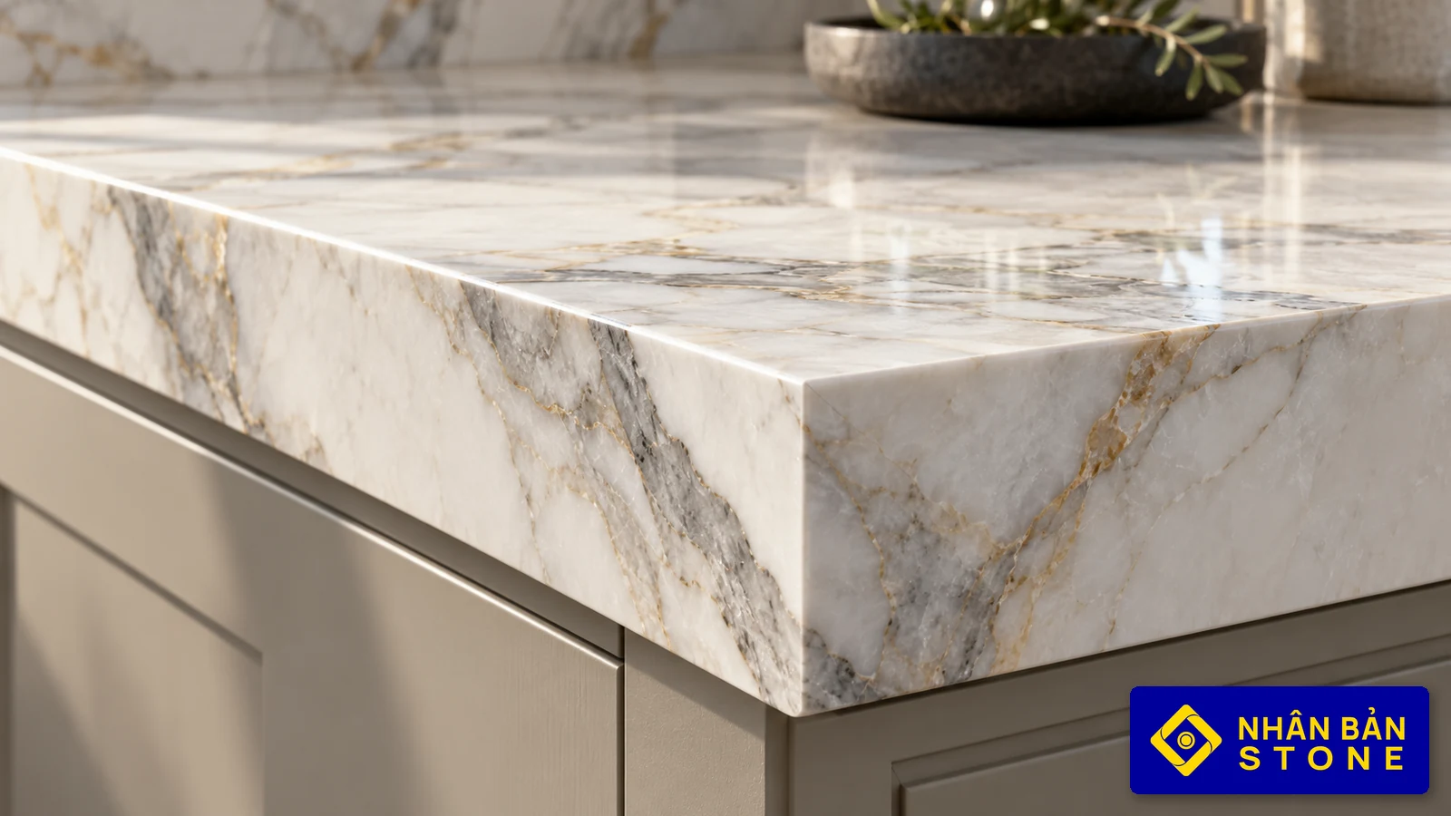 Illustrative image: 5cm mitered drop edge on kitchen countertop with continuous veining – NHAN BAN STONE