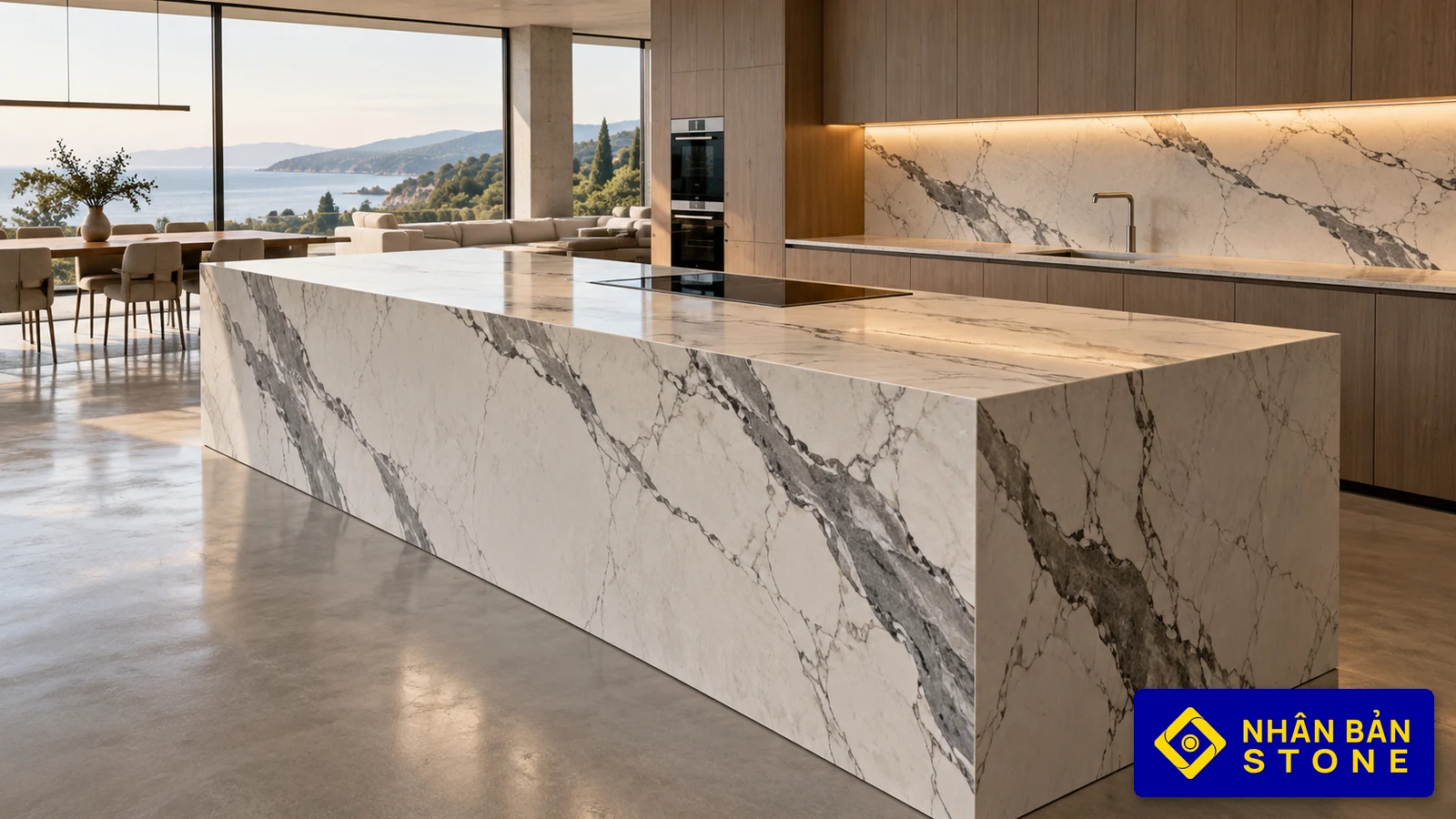 Illustrative image: 3-meter sintered stone waterfall island in open-concept luxury kitchen – NHAN BAN STONE