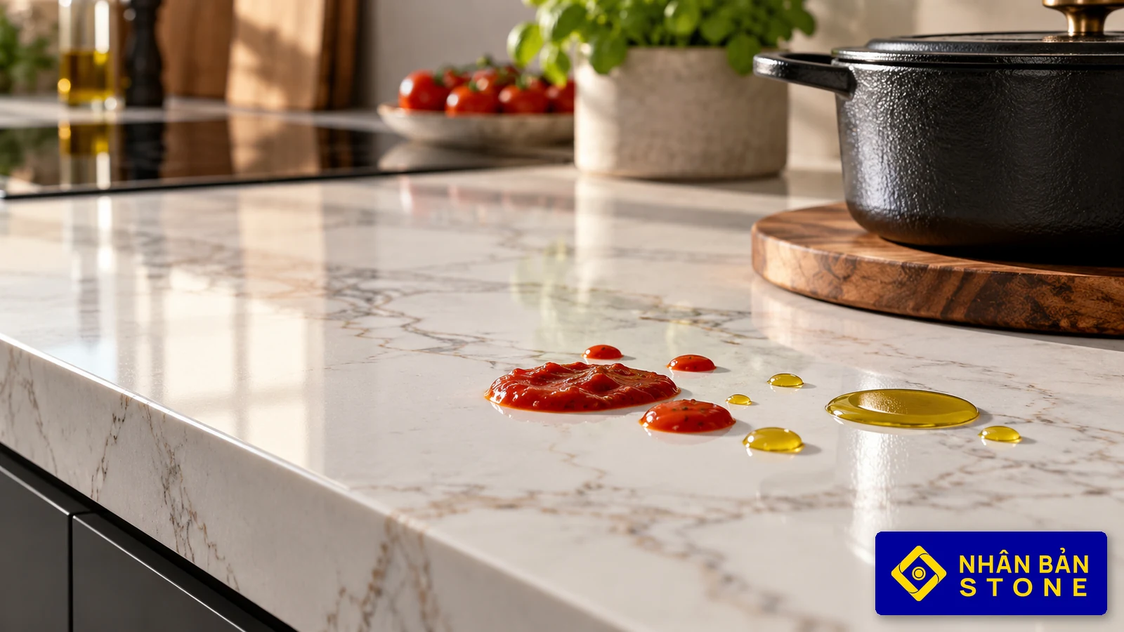 Illustrative image: Tomato sauce and olive oil beading on sintered stone countertop without staining – NHAN BAN STONE