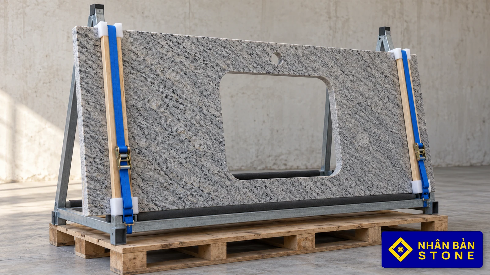 Illustrative image: A single stone countertop with an empty through-cutout, padded and secured on a transport rack – NHAN BAN STONE