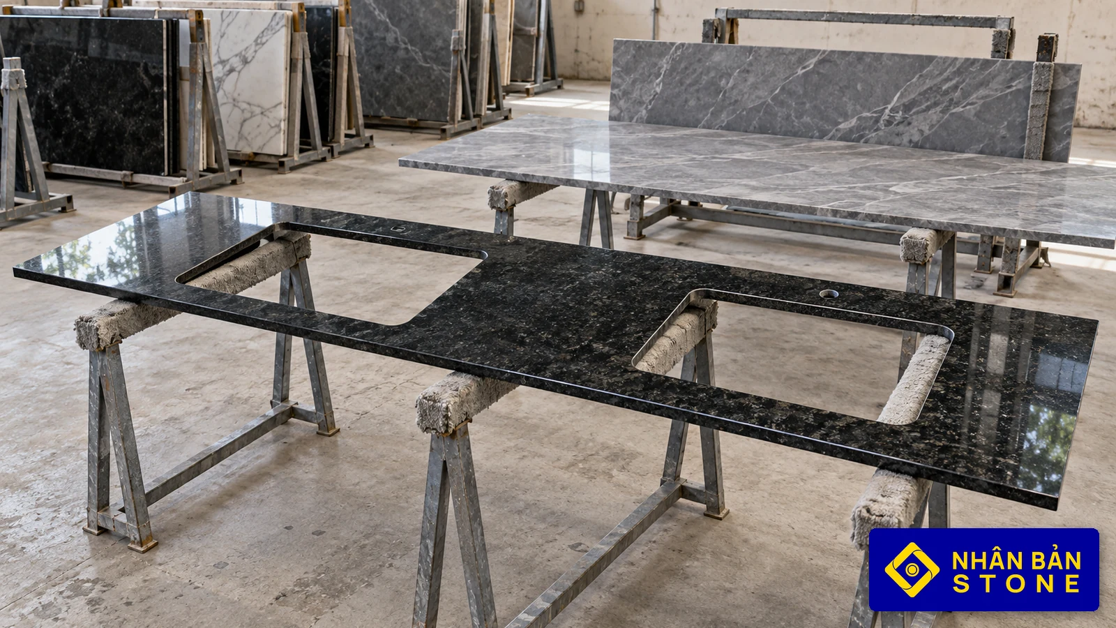 Illustrative image: Stone kitchen countertop with empty cooktop and sink cutouts on padded workshop supports – NHAN BAN STONE