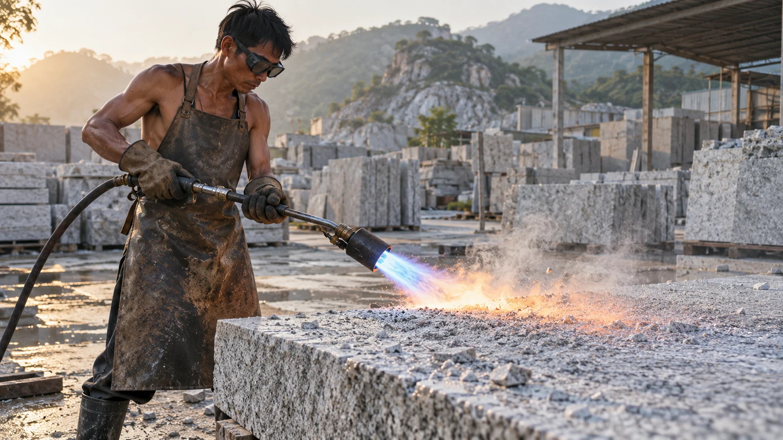 Kho Đá Hoa Cương, Marble & Đá Ốp Lát Tại TPHCM 13 Ảnh minh hoạ: Bề mặt khò lửa (Flamed) & Băm nhám (Bush-Hammered): Chuyên dụng chống trơn trượt – NHÂN BẢN STONE