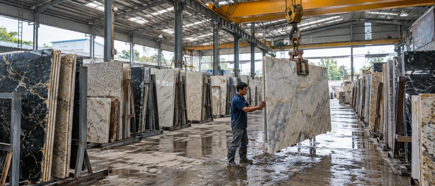 Kho Đá Hoa Cương, Marble & Đá Ốp Lát Tại TPHCM 22 Ảnh minh hoạ: Toàn cảnh kho đá slab NHÂN BẢN STONE trên Quốc lộ 1A, Quận 12, TPHCM