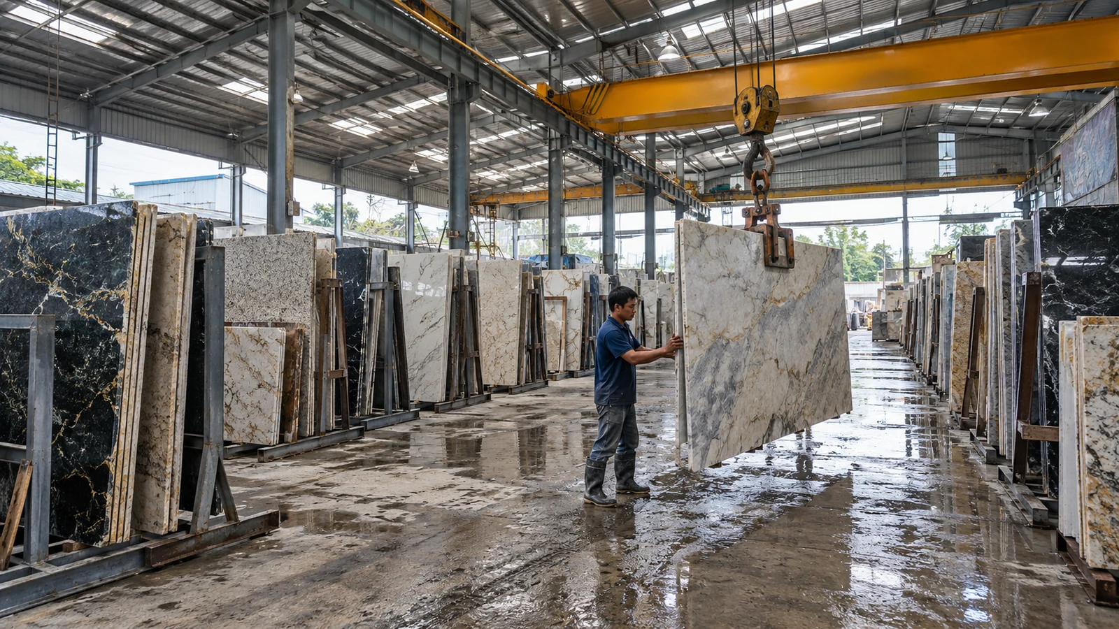 Kho Đá Hoa Cương, Marble & Đá Ốp Lát Tại TPHCM 1 Ảnh minh hoạ: Toàn cảnh kho đá slab NHÂN BẢN STONE trên Quốc lộ 1A, Quận 12, TPHCM