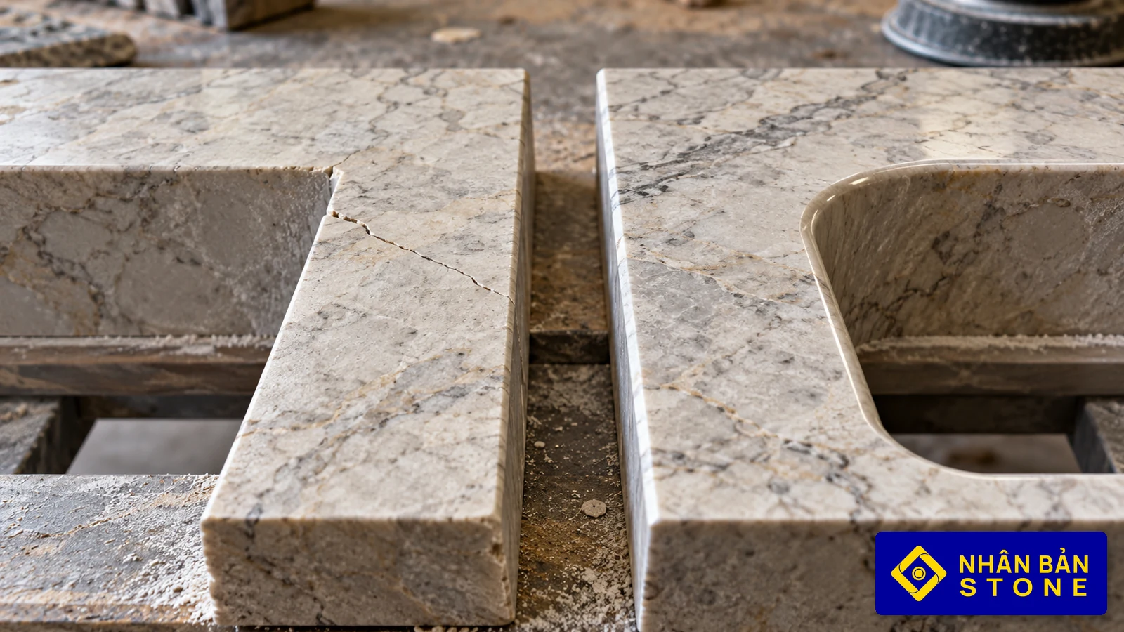 Illustrative image: Comparison of sharp square cutout with hairline crack versus smooth CNC radiused corner on stone vanity – NHAN BAN STONE