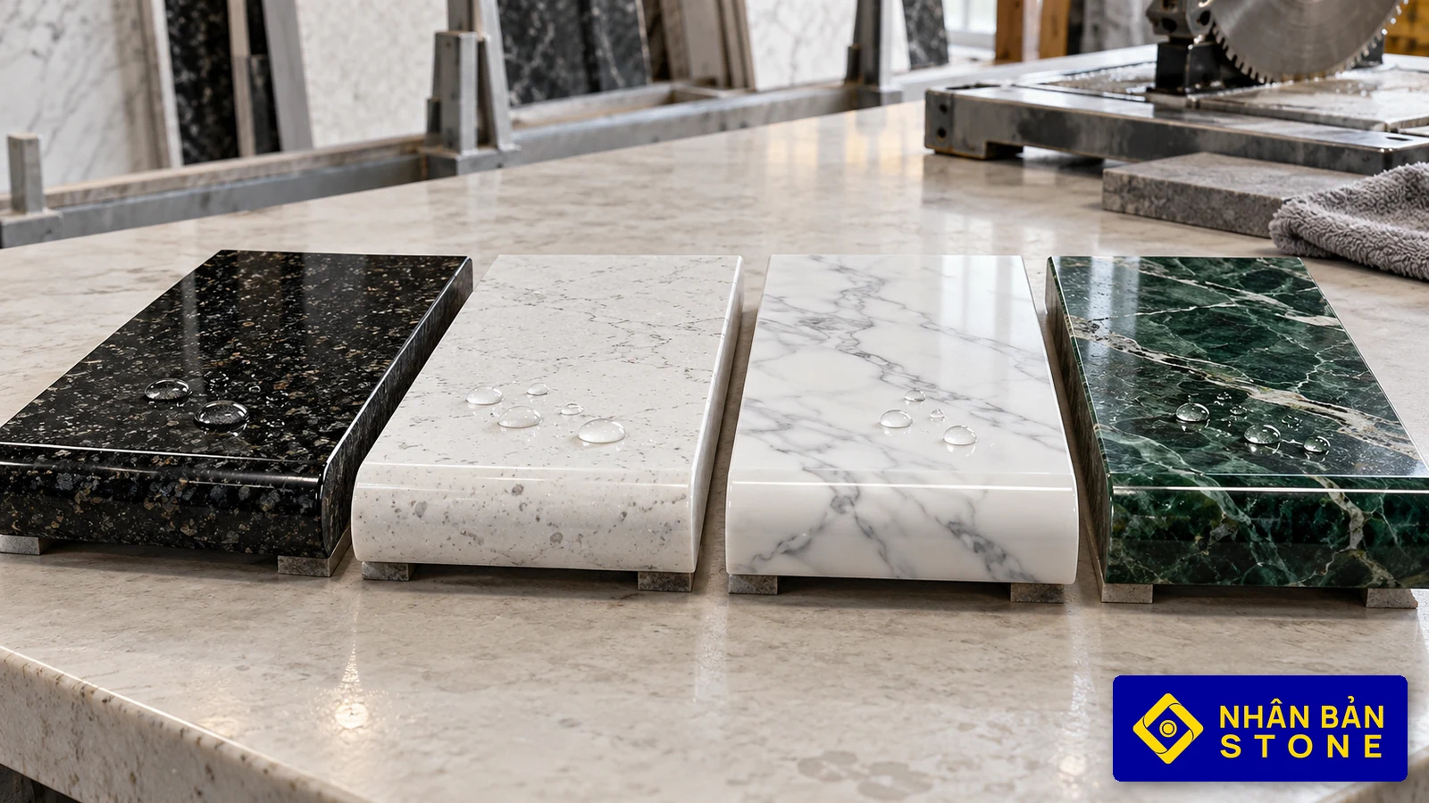 Illustrative image: Four stone vanity samples with polished bullnose edges and water droplets – NHAN BAN STONE