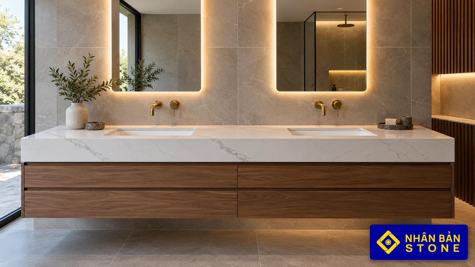 Illustrative image: Double undermount engineered quartz vanity top in modern master bathroom – NHAN BAN STONE
