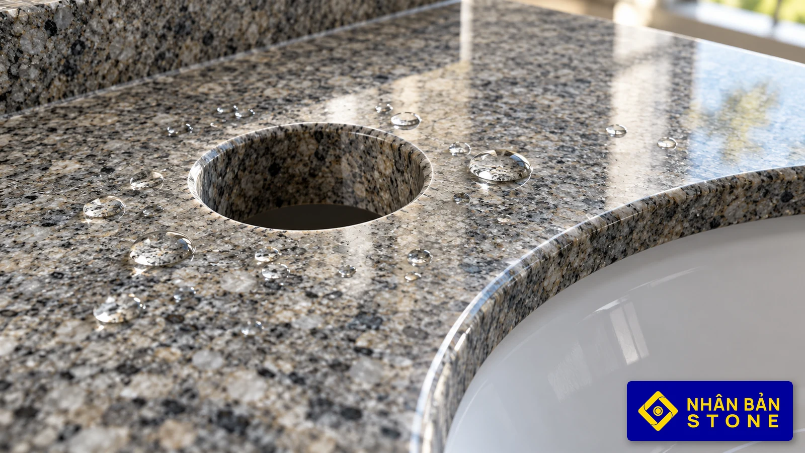Illustrative image: Cleanly cored faucet penetration and water beading on polished grey granite vanity top – NHAN BAN STONE