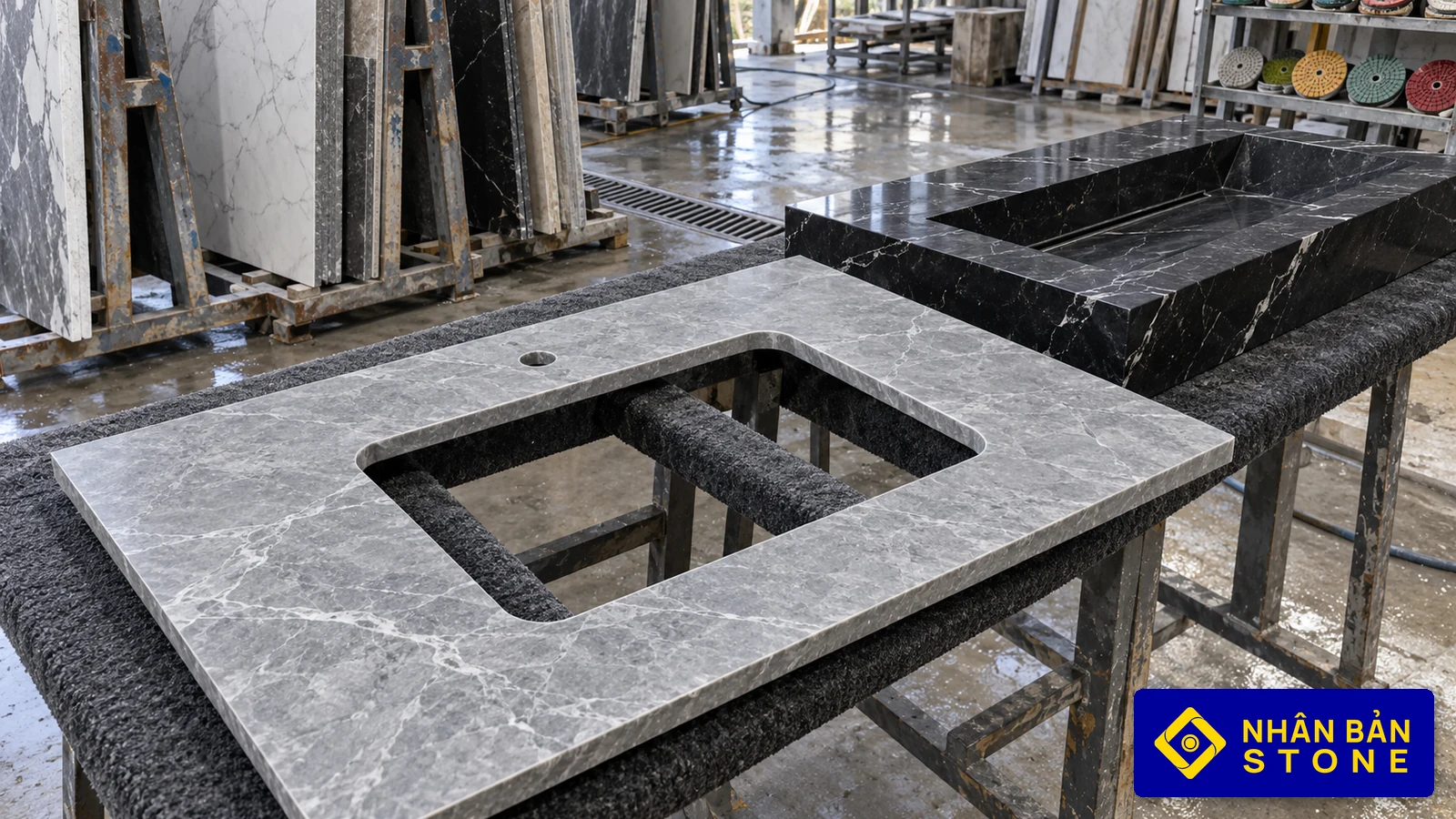 Illustrative image: Finished stone vanity top and monolithic stone sink at NHAN BAN STONE workshop, HCMC