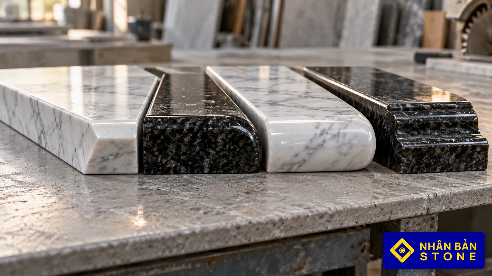 Illustrative image: Precision stone edge profiles including 45-degree bevel, half bullnose, and classic ogee – NHAN BAN STONE