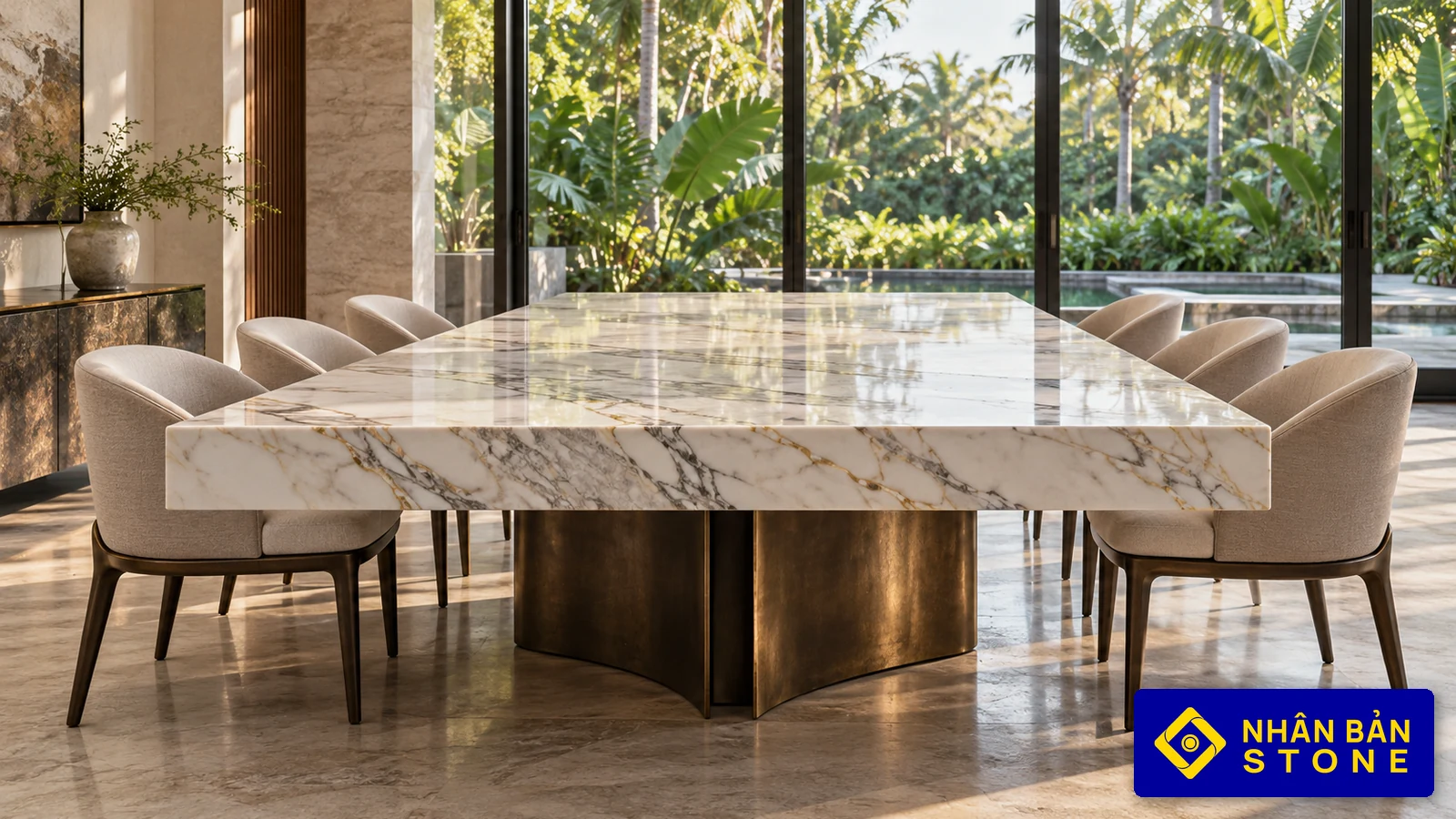 Illustrative image: Natural marble dining table with mitered drop edge in a luxury villa dining room – NHAN BAN STONE