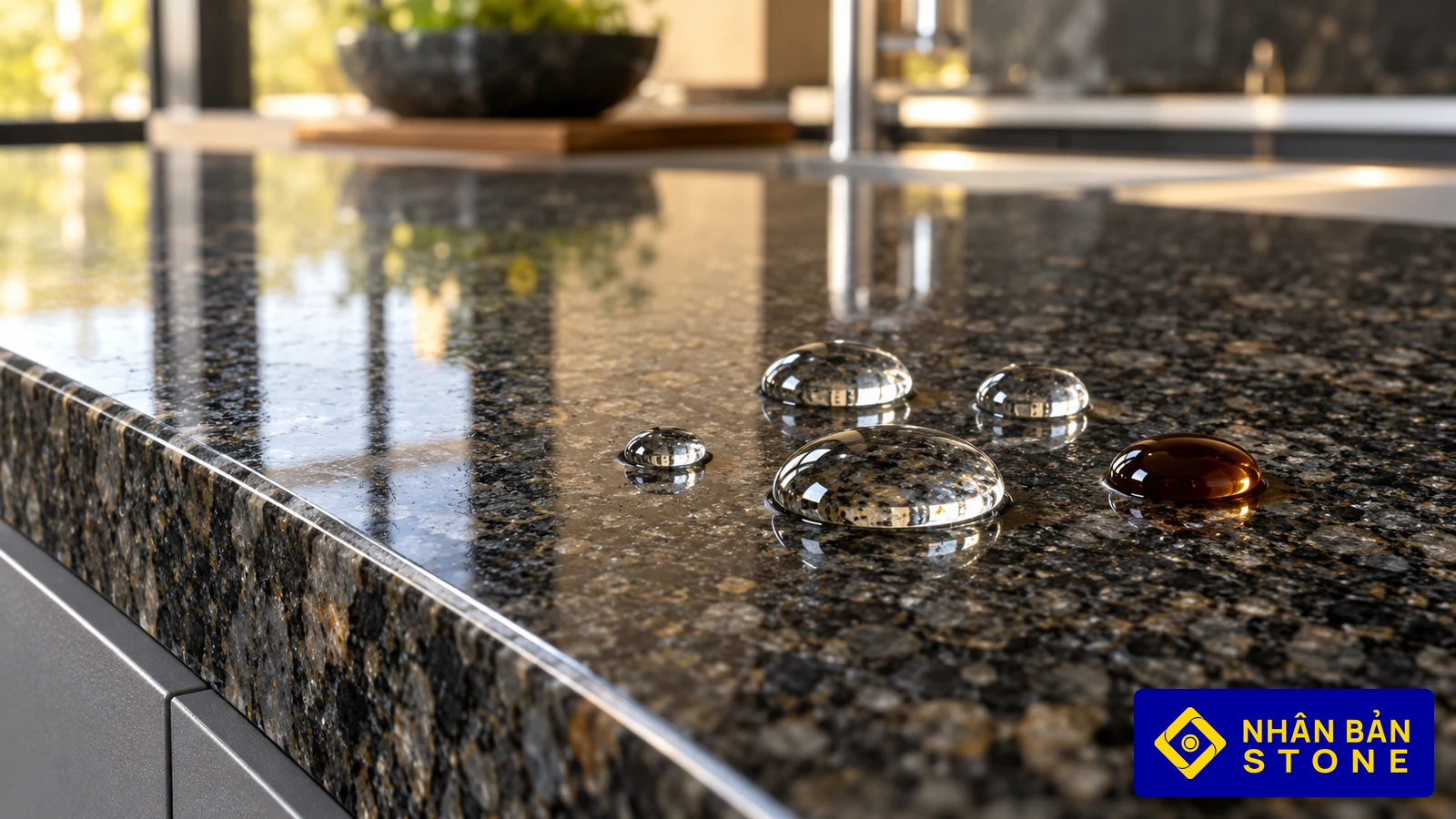 Illustrative image: Water and liquid seasoning beading on sealed polished black granite – NHAN BAN STONE