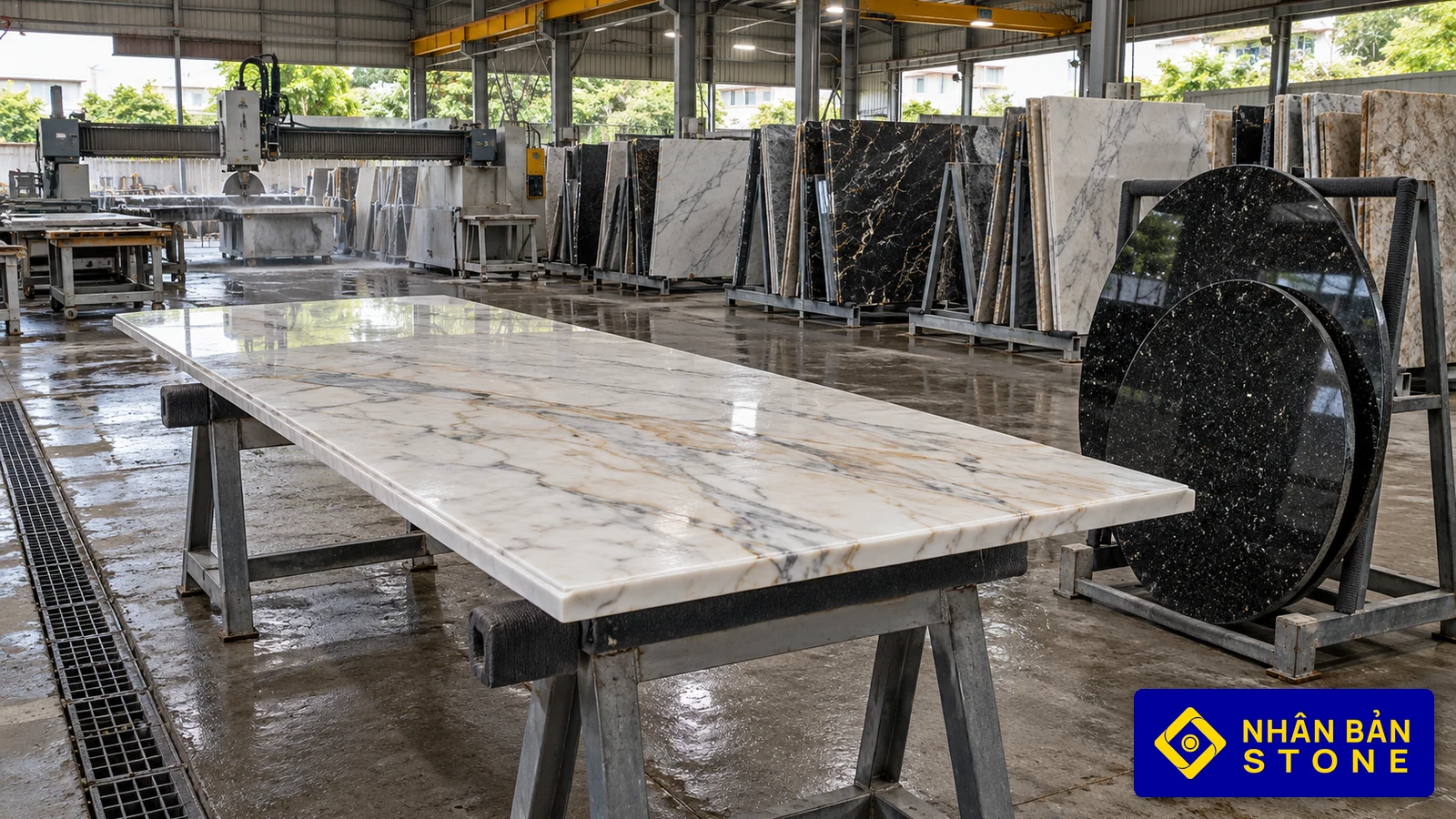 Illustrative image: Finished natural marble and granite tabletops at NHAN BAN STONE workshop, HCMC