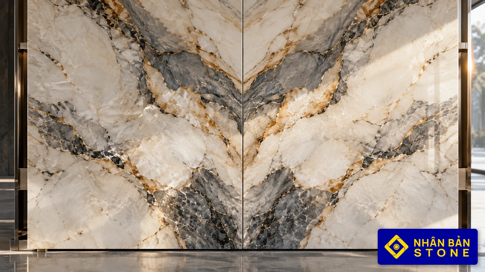 Illustrative image: Macro detail of hairline center joint on bookmatched marble wall with symmetrical veining – NHAN BAN STONE