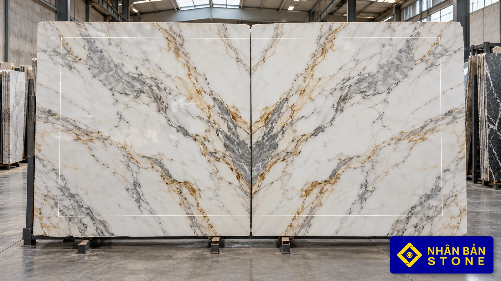 Illustrative image: Two consecutive bookmatched marble slabs staged upright on warehouse A-frame with chalk cut lines – NHAN BAN STONE