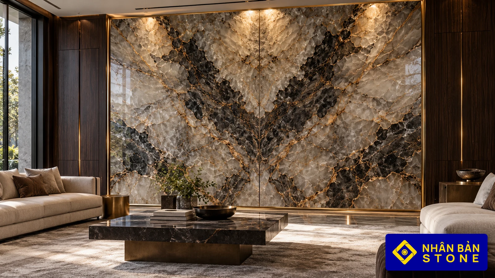 Illustrative image: Two-slab bookmatched natural quartzite feature wall with translucent crystal patches – NHAN BAN STONE