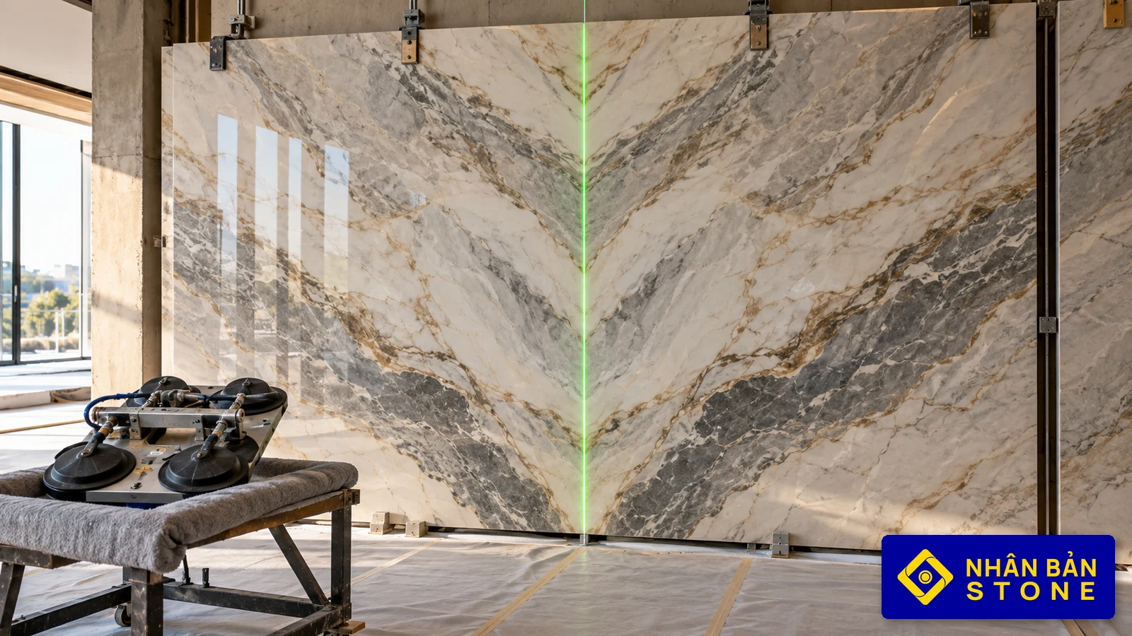Illustrative image: Precision laser leveling along the hairline center seam between two bookmatched marble slabs – NHAN BAN STONE