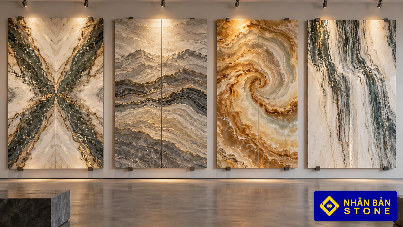 Illustrative image: Four bookmatched stone panels displaying butterfly wing, mountain, vortex, and waterfall vein patterns – NHAN BAN STONE
