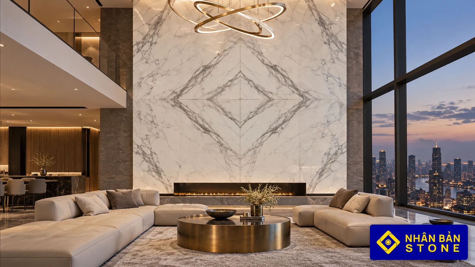 Illustrative image: Four-slab quad-matched white marble wall panel forming symmetrical diamond motif in luxury penthouse – NHAN BAN STONE