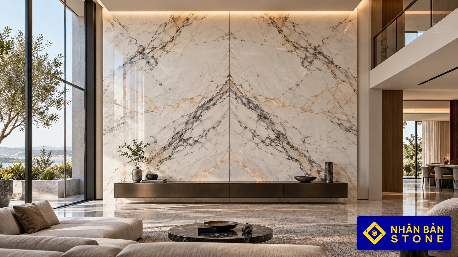 Illustrative image: Two-slab bookmatched white marble TV feature wall in double-height living room – NHAN BAN STONE